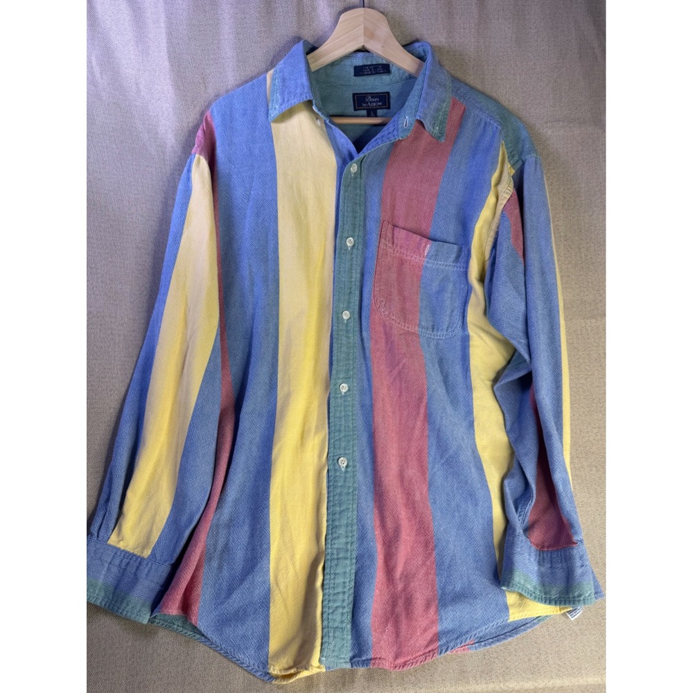 VTG Dover by Arrow Striped Button Down Shirt Mens Large USA Made 90s Multi Color